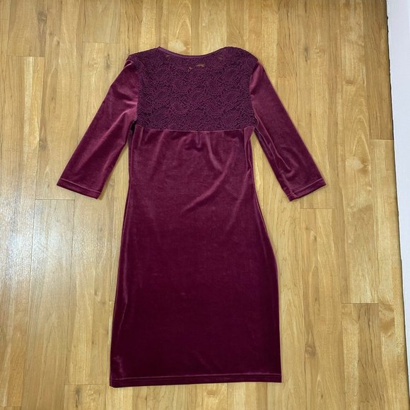 Cue womens size 10 burgundy stretch velvet lace dress 3/4 sleeve bodycon - Picture 7 of 11